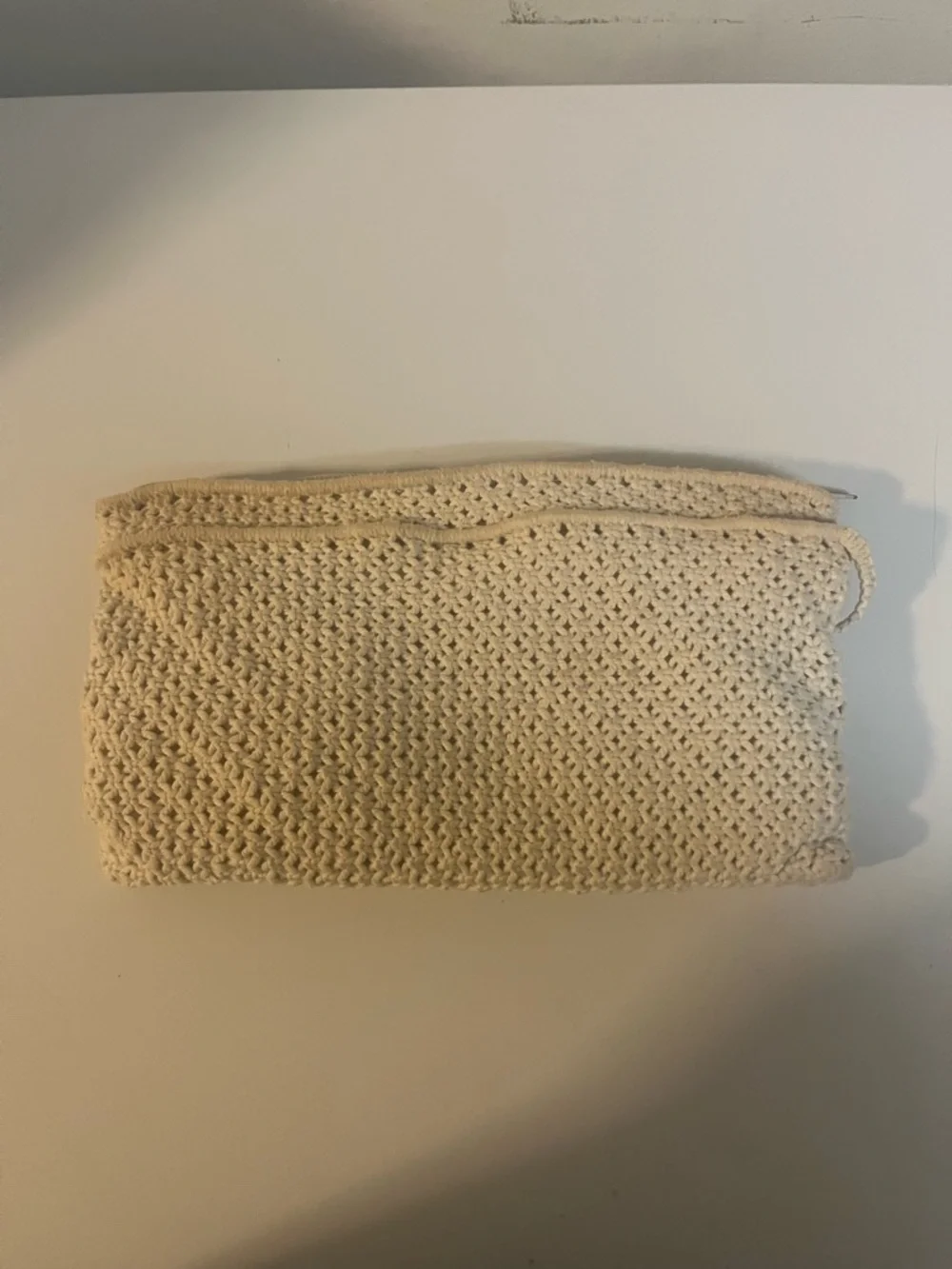 Vintage Mid Century Cream Macrame Clutch with Wood Bead Accents 11x6in Bohemian